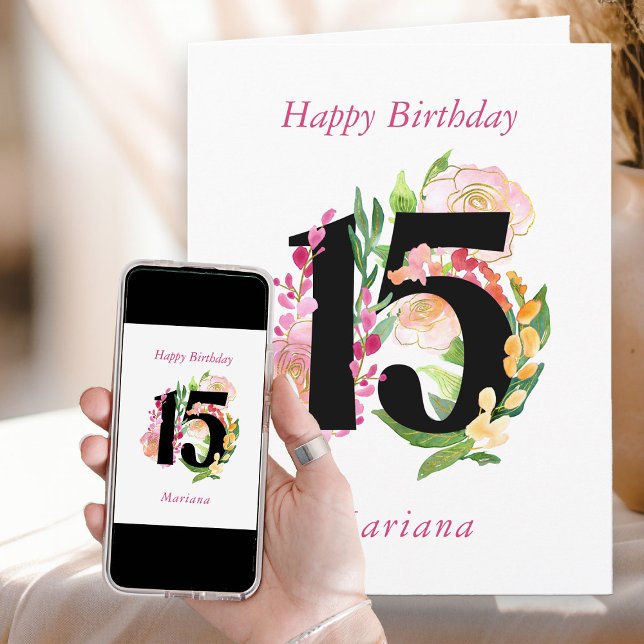 Carte Numéro Chic Floral 15 Anniversaire 15 Personnalisé (15th Birthday Card with number 15 from my Floral Chic Quinceanera Collection
)