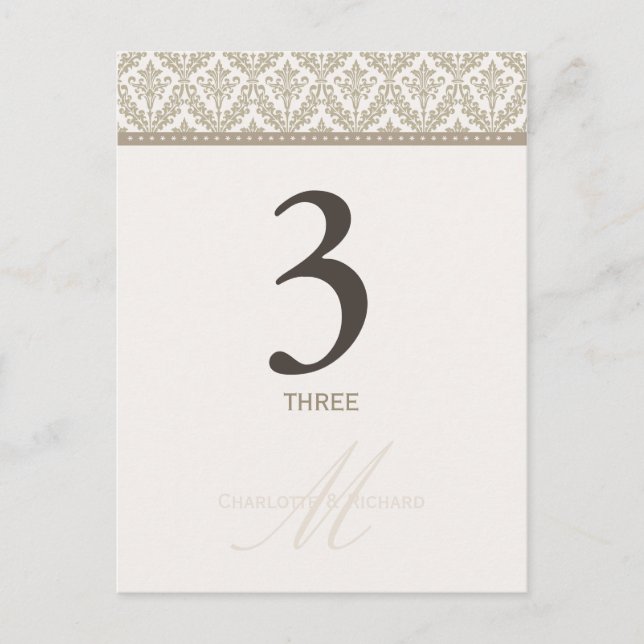 Carte Numéro de table Champagne Damask Monogramme (Devant)