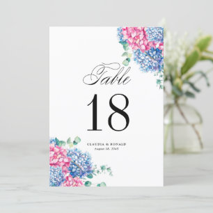 Carte Numéros de tableau Aquarelle rose et bleu Hydrange