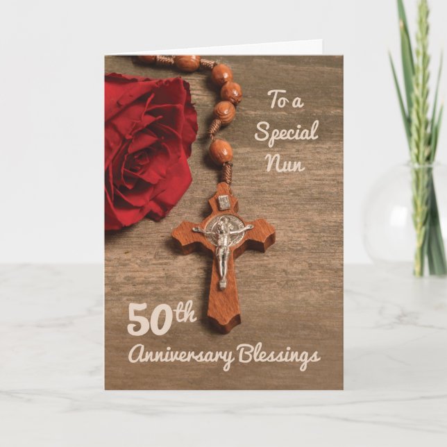 Carte Nun 50e anniversaire Rose rouge et Rosaire (Devant)