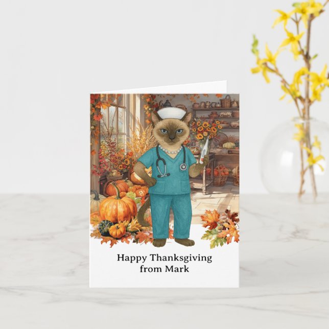 Carte NURSE Chat avec Fleurs automne saison Thanksgiving (Fleur jaune)