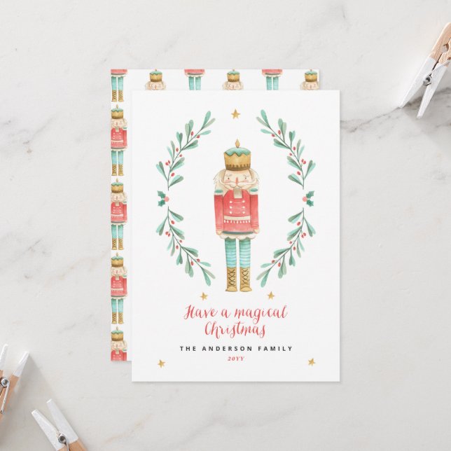 Carte Nutcracker aquarelle botanique joli Noël (Devant/Arrière en situation)