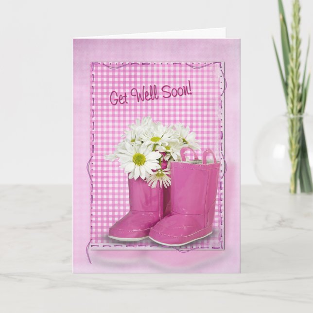 Carte Obtenez bien Bientôt bottes et marguerites roses (Devant)