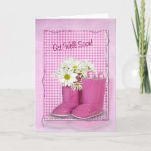 Carte Obtenez bien Bientôt bottes et marguerites roses