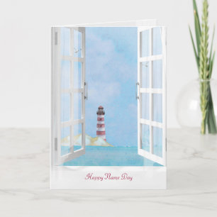 Carte Ocean Lighthouse dans la fenêtre aquarelle Nom Jou