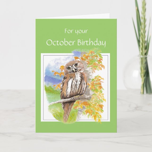 Carte Octobre Anniversaire, Chouette d'automne Oiseau (Devant)