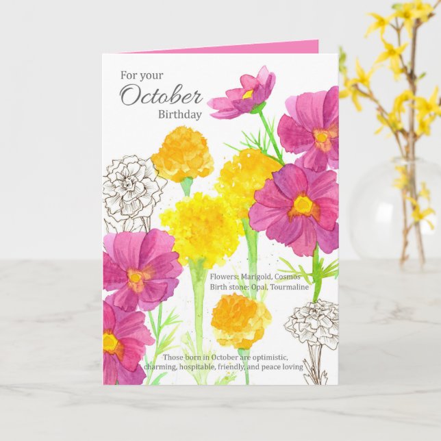 Carte Octobre Anniversaire Cosmos Marigold Mois de naiss (Fleur jaune)
