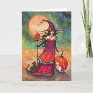 Carte Octobre Moon Halloween Witch and Cats Illustration