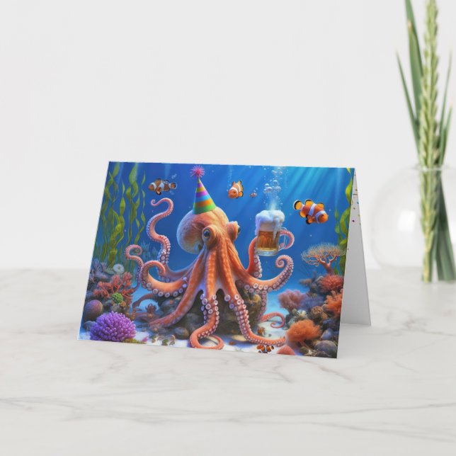 Carte Octopus d'anniversaire avec une bière (Devant)