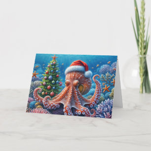 Carte Octopus de Noël portant un chapeau de Père Noël