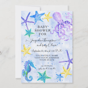 Carte Octopus Seahorse Starfish Beach Baby shower bleu
