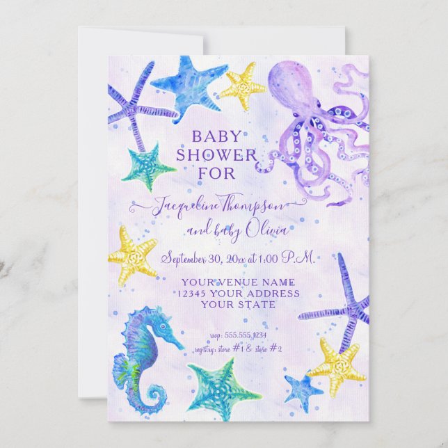 Carte Octopus Seahorse Starfish Beach Baby shower violet (Devant)