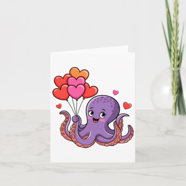 Carte Octopus With Heart Lloons Valentine Day  (Devant)