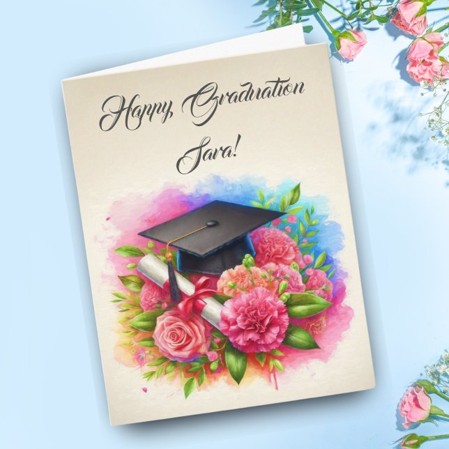 Carte Oeillets et Roses Aquarellés avec capuchon de grad (Time to celebrate with this beautiful graduation card!)