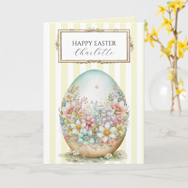 Carte Oeuf de Pâques décoratif personnalisé rayé  (Fleur jaune)