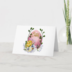 Carte Œuf de Pâques, poussin et fleurs printanières