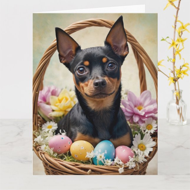 Carte OEufs de Pâques Miniature Pinscher (Fleur jaune)