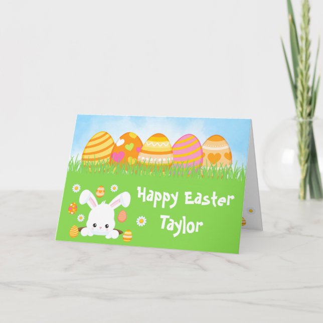 Carte Oeufs roses et orange lapin Joyeux Pâques (Devant)
