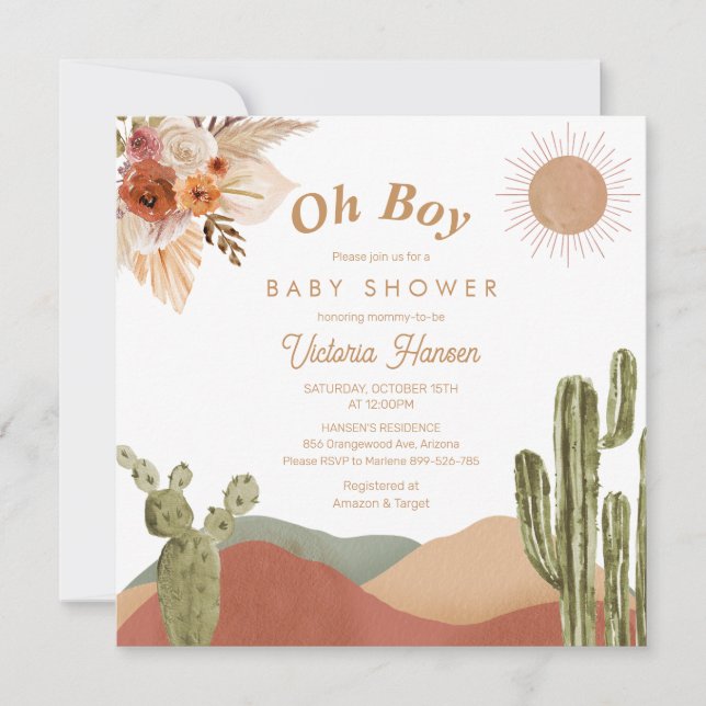 Carte Oh Boy Baby shower Southwes Boho Cactus Désert (Devant)