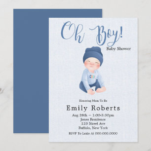 Carte Oh Garçon bleu Denim Cartoon Baby Douche Invitatio