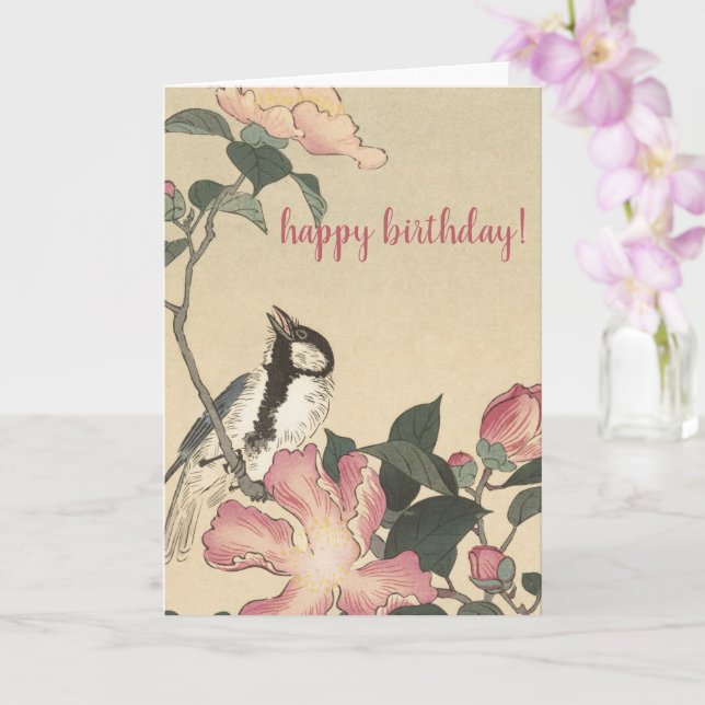 Carte Ohara Koson, Oiseaux et Fleurs roses - Anniversair (Orchidée)
