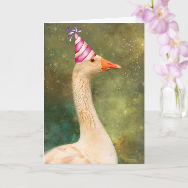 Carte Oie Dans Un Casquette De Fête Anniversaire (Orchidée)