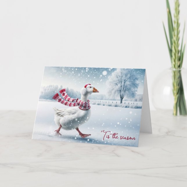 Carte Oie de Noël marche dans les flocons de neige (Devant)