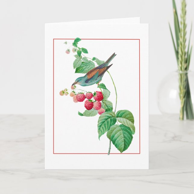 Carte Oiseau bleu sur une branche de framboise (Devant)