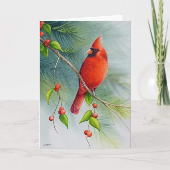 Carte Oiseau cardinal du nord mâle - Art à l'aquarelle (Devant)