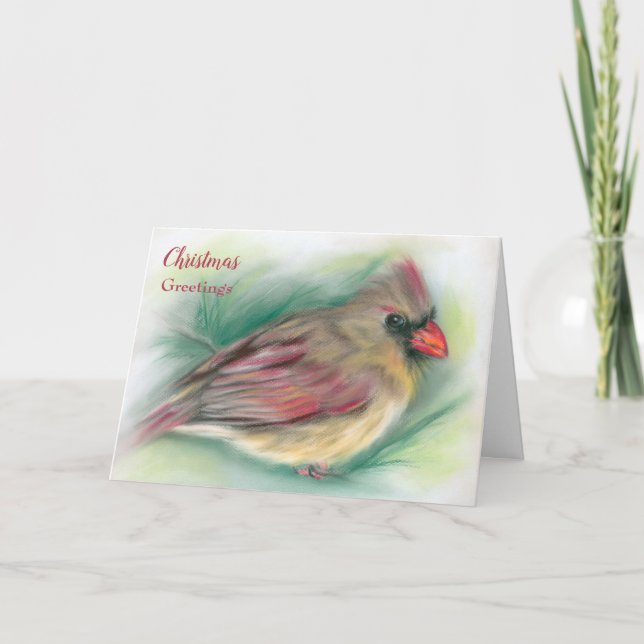 Carte Oiseau cardinal féminin en Pine Pastel Art Noël (Devant)