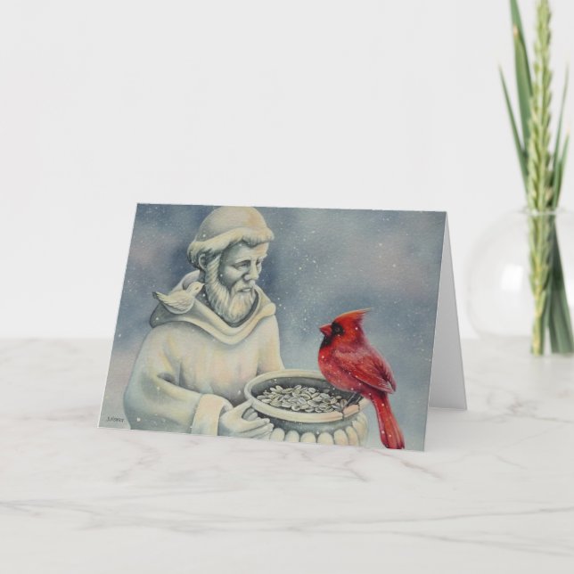 Carte Oiseau cardinal rouge d'hiver Saint-François Aquar (Devant)