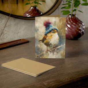 Carte Oiseau chanteur hivernal au chapeau tricoté Salu