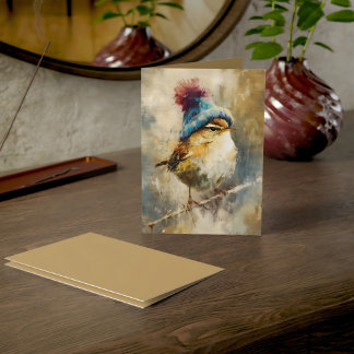Carte Oiseau chanteur hivernal au chapeau tricoté | Salu
