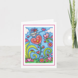 Carte OISEAU D'ART FOLK, COEURS ROSES JARDIN Vide