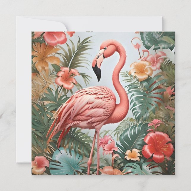 Carte Oiseau de Flamant rose rose élégant et fleurs trop (Devant)