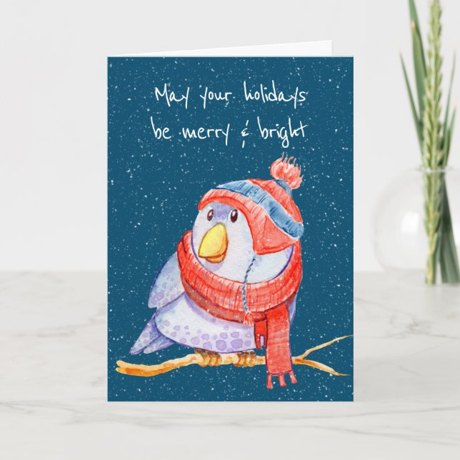 Carte Oiseau de Noël en flocons de neige sur le bleu (Devant)