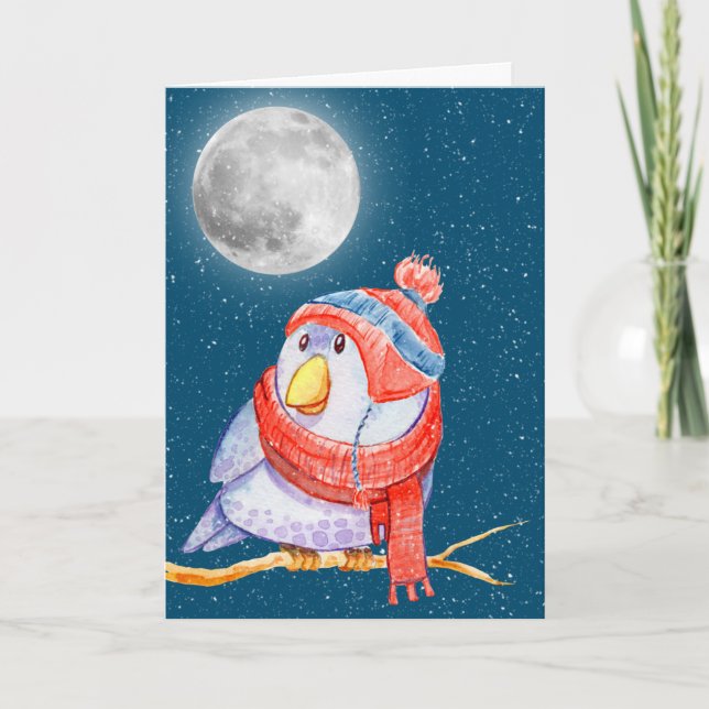 Carte Oiseau de Noël et Lune aux flocons de neige (Devant)
