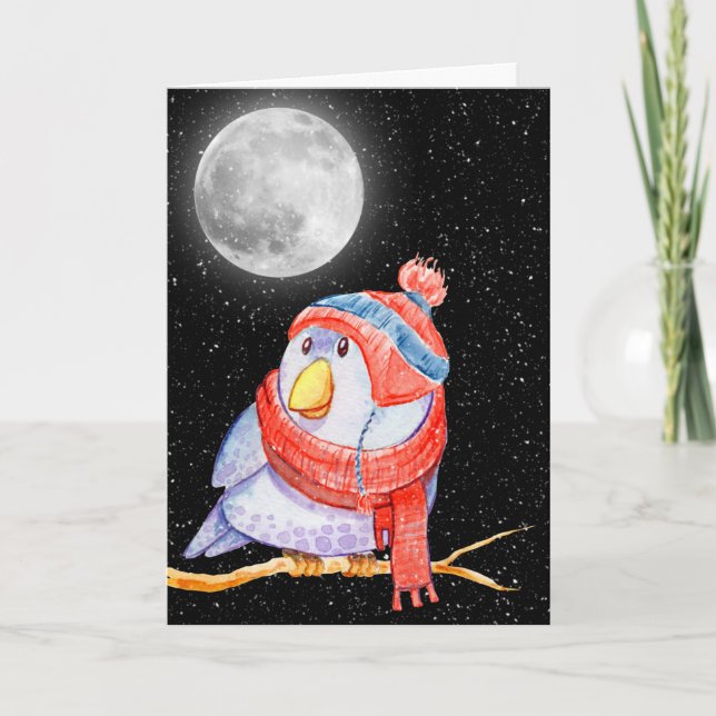 Carte Oiseau de Noël et Lune aux flocons de neige (Devant)