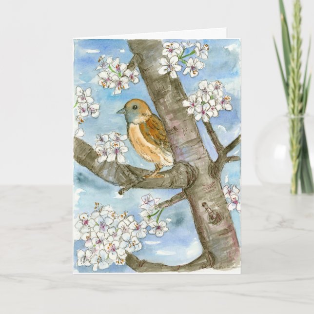 Carte Oiseau du Bruant Arbre à fleurs de printemps Joyeu (Devant)