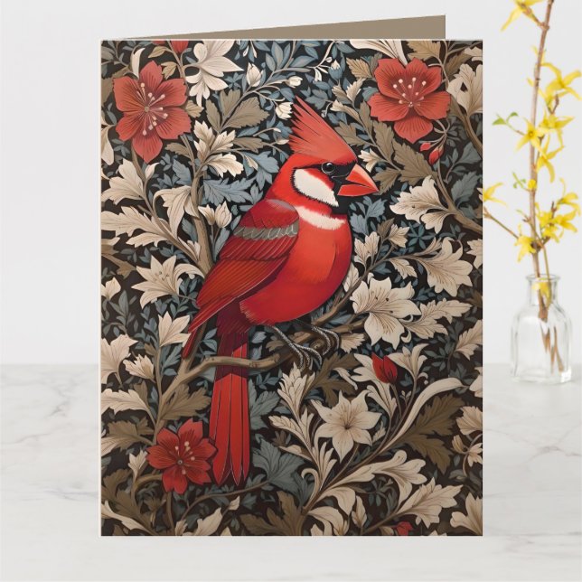 Carte Oiseau du Cardinal du Nord William Morris Inspiré (Fleur jaune)