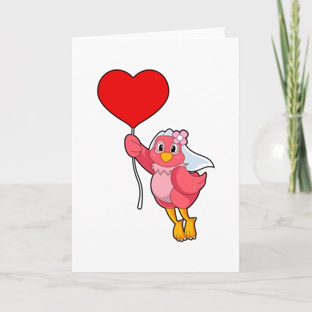 Carte Oiseau en mariée avec Voile et Balloon Coeur (Devant)