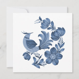 Carte Oiseau et fleurs de l'art folklorique bleu élégant