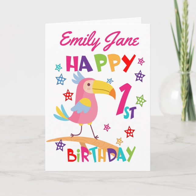 Carte Oiseau rose 1er anniversaire (Devant)