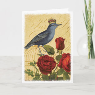 Carte Oiseau vintage avec Couronne et Roses rouges