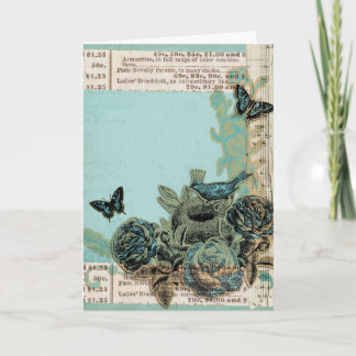 Carte Oiseaux bleus et Rose Vintage Look, Anniversaire