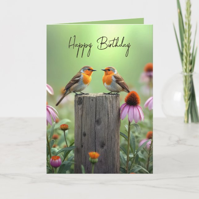 Carte Oiseaux chanteurs d'anniversaire sur un poteau de  (Devant)