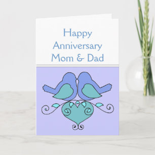 Carte Oiseaux d'anniversaire de maman et papa avec cœur 
