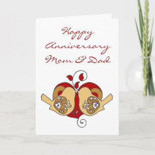 Carte Oiseaux d'anniversaire de maman et papa avec cœur 