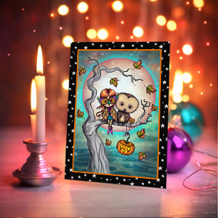 Carte Oiseaux de même plumage Halloween Hibou et fille