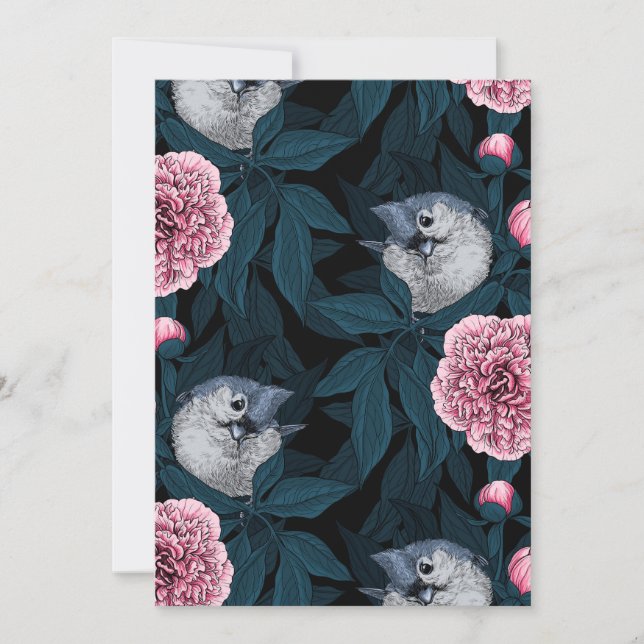 Carte Oiseaux et fleurs de pivoines roses avec feuille (Devant)